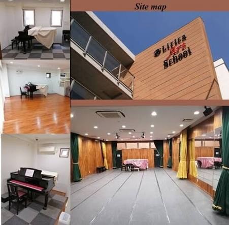 各部屋と地下のホール、建物外観を組み合わせた写真